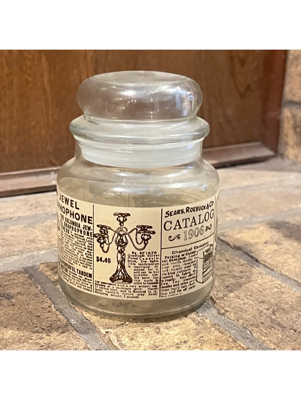 Vintage Glass Jar with 1906 Sears Catalog Print